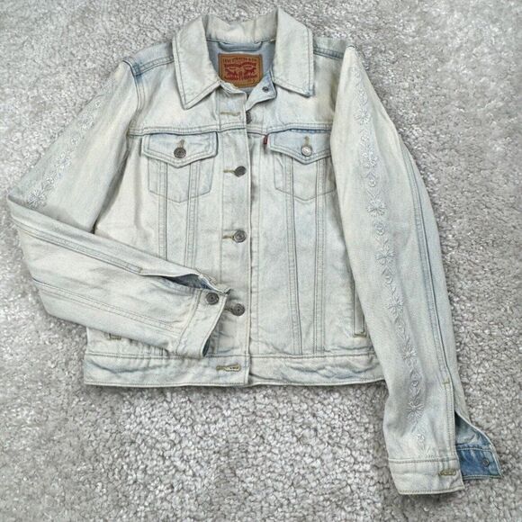 LEVIS Trucker Denim Jacket Light Bleached Wash Embroidered Floral - Picture 2 of 14